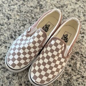 Vans Women’s Brown and White Checkered Slip-On Sneakers